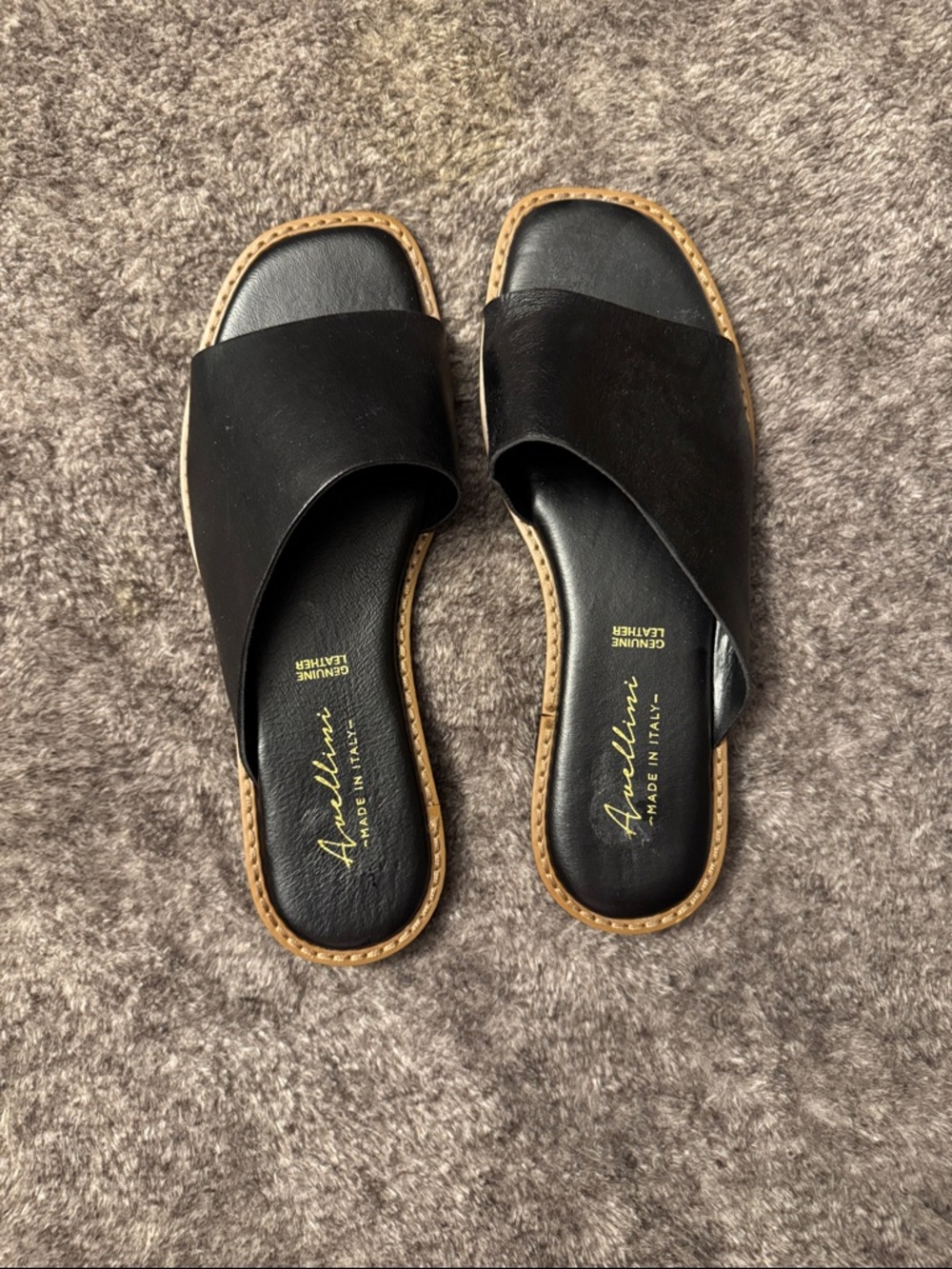 Amalfi Black Leather Slide Sandals with Tan Trim